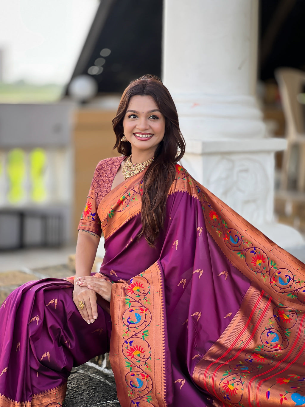 Vedant Vastram Soft Litchi Silk Paithani Jacquard Saree - Wine | Grocsy
