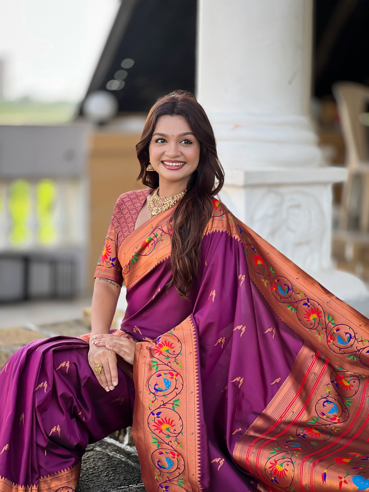 Vedant Vastram Soft Litchi Silk Paithani Jacquard Saree - Wine | Grocsy