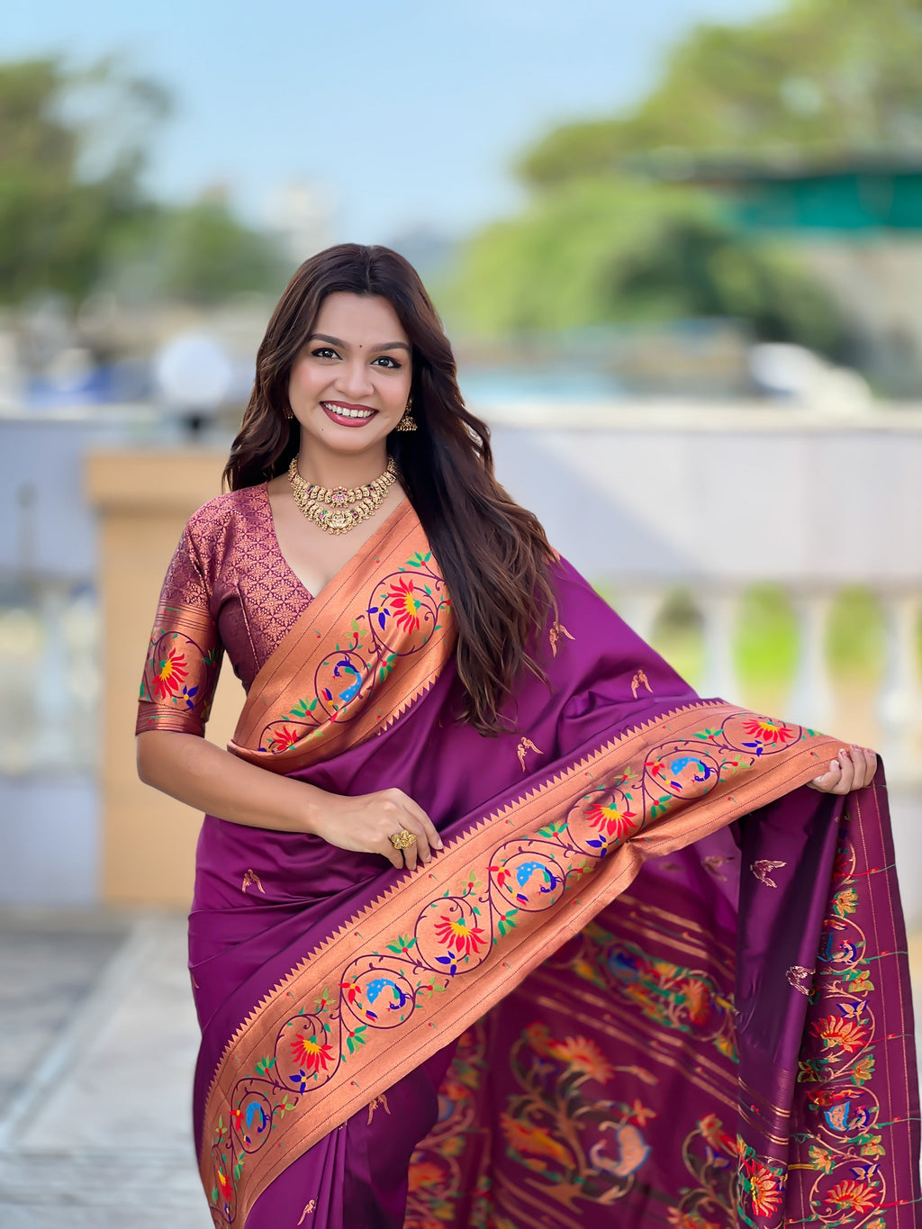 Vedant Vastram Soft Litchi Silk Paithani Jacquard Saree - Wine | Grocsy