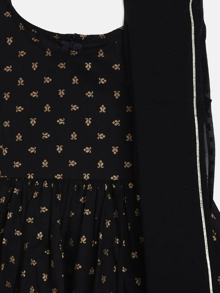 Ahalyaa Black Cotton Gold Print Kids Kurta Sharara Sets For Girls | Grocsy