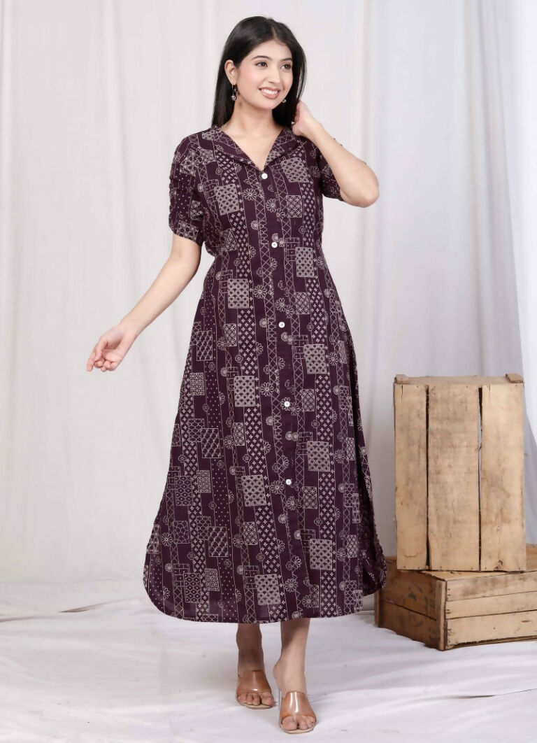 Miravan Women's Wine Mandarin Neck Floral Printed A-Line Party wear Maxi Dress | Grocsy