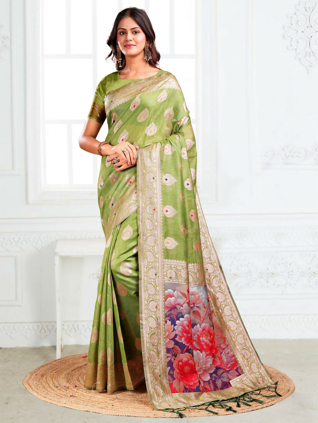 Shree Shyam Fashion Linen Cotton Green Saree | Grocsy