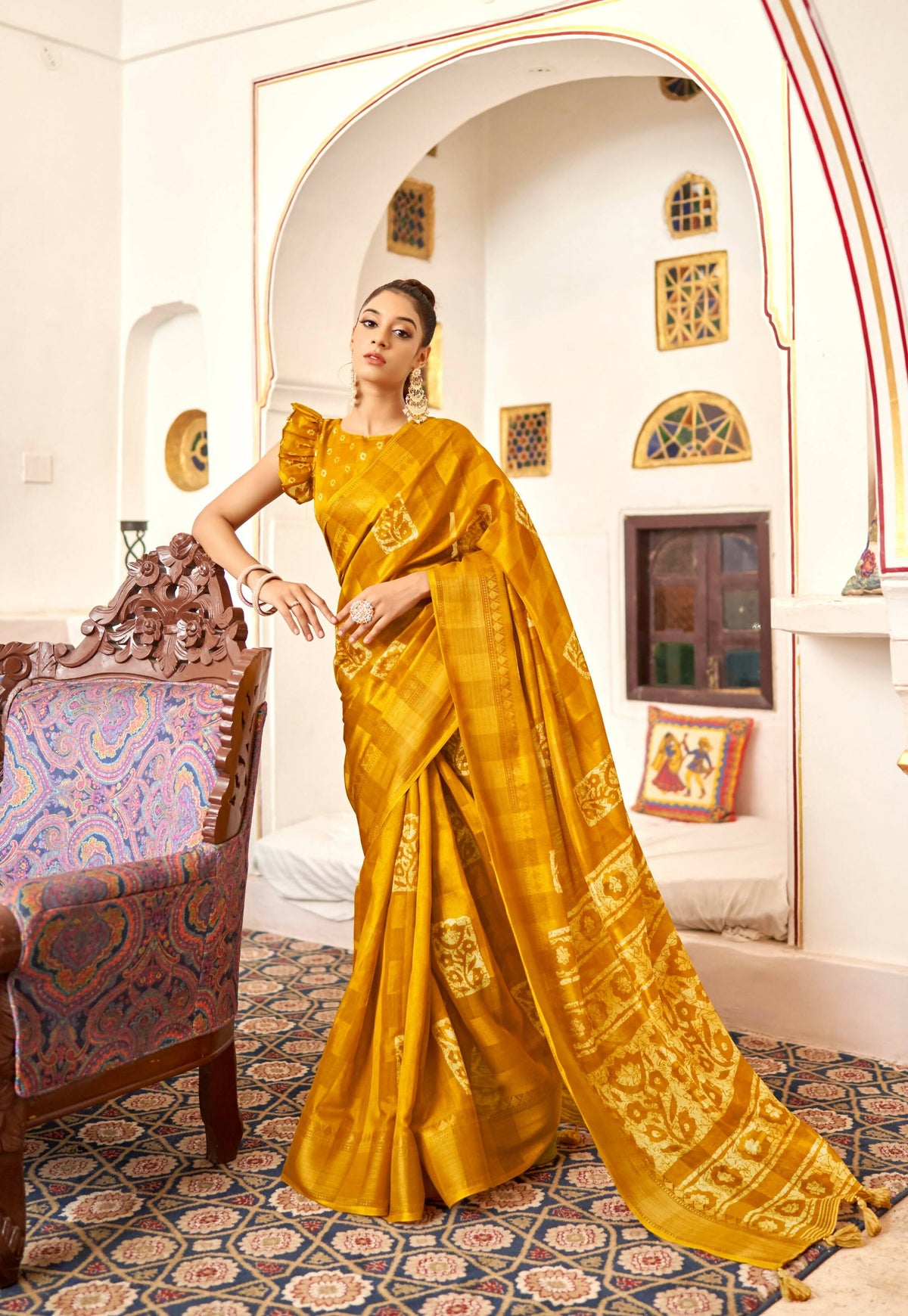 Mustard Patta Poly Cotton Floral Printed Saree With Unstitched Blouse Piece - Shades | Grocsy