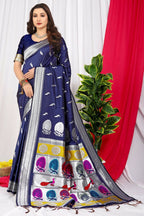 Jyoti Fashion Women's Navy Blue Paithani Silk Zari Woven Saree with Blouse | Grocsy