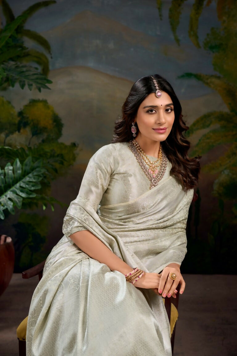 Vastranavya Off White Kanjivaram Zari Weaving Work Saree with Unstitched Blouse | Grocsy
