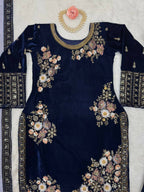 Vastranavya Navy Blue Viscose Velvet Sequence Embroidery Work Kurta & Bottom With Dupatta | Grocsy