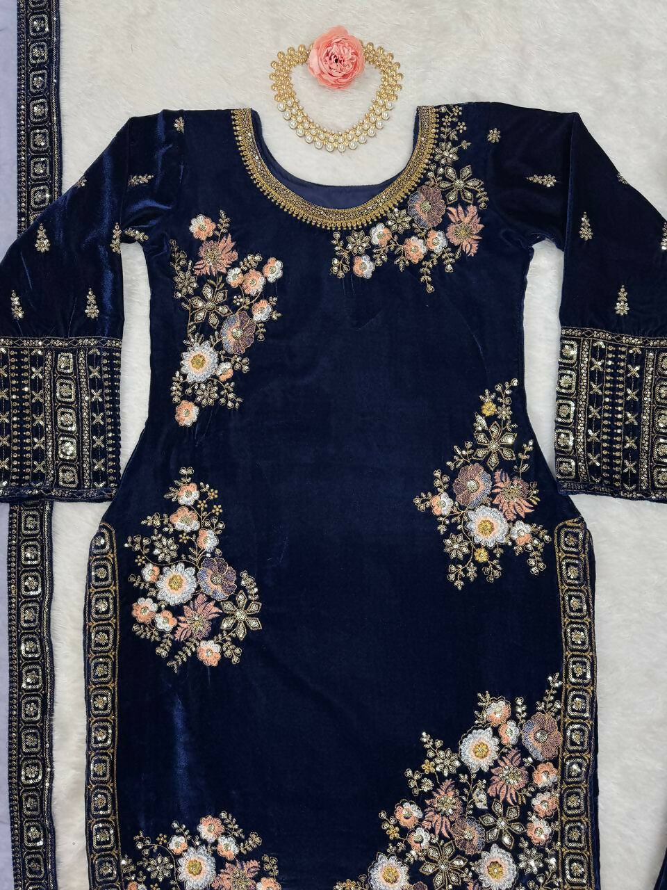 Vastranavya Navy Blue Viscose Velvet Sequence Embroidery Work Kurta & Bottom With Dupatta | Grocsy