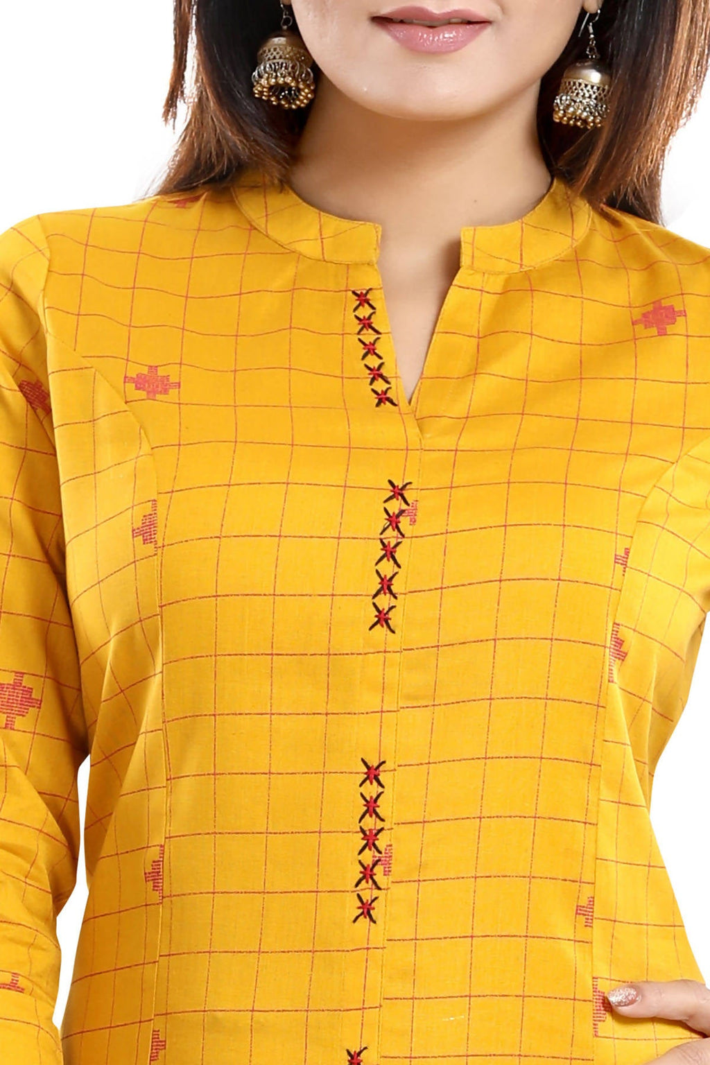 Snehal Creations Checkered Print Yellow Long Cotton Kurti | Grocsy