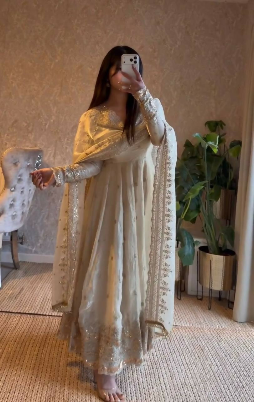 Teeya Creation White Fendy Silk Designer Heavy Work Wedding Wear Long Gown | Grocsy
