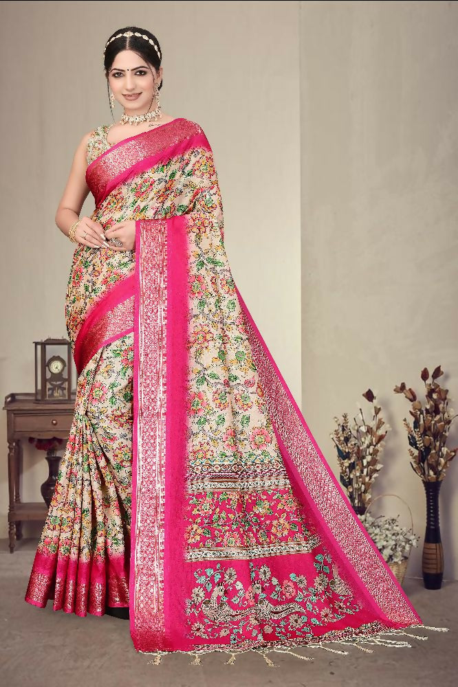 PR Fashion Multi Heavy Rich Cotton Silk Digital Print & Jacquard Saree | Grocsy