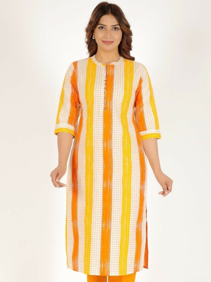 Aramya Yellow Soft Cotton Checkered Straight Kurta for Women | Grocsy
