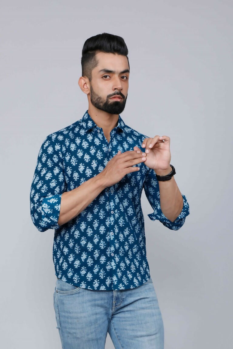 Miravan Men's Blue Printed Cotton Casual Shirt | Grocsy