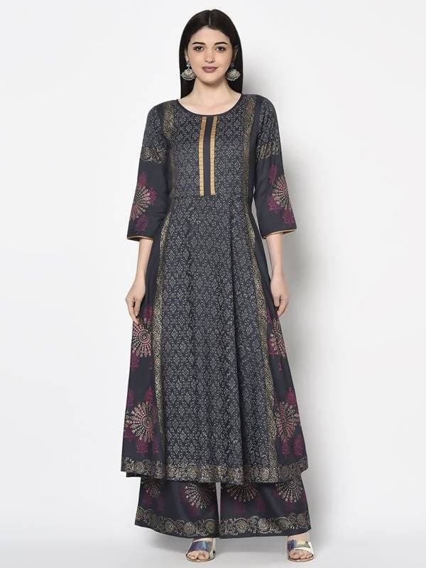 Aniyah Rayon Dark Grey Color Block Print Anarkali Kurta (AN-200K) | Grocsy