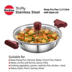 Hawkins Tri-Ply Stainless Steel Deep-Fry Pan with Glass Lid Silver (SSD15G) | Grocsy