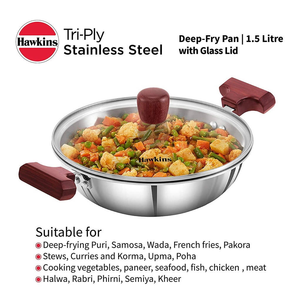 Hawkins Tri-Ply Stainless Steel Deep-Fry Pan with Glass Lid Silver (SSD15G) | Grocsy