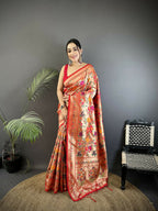 Joban Fashion Peach Intricate Floral & Foliate Motifs Soft Silk Paithani Saree | Grocsy
