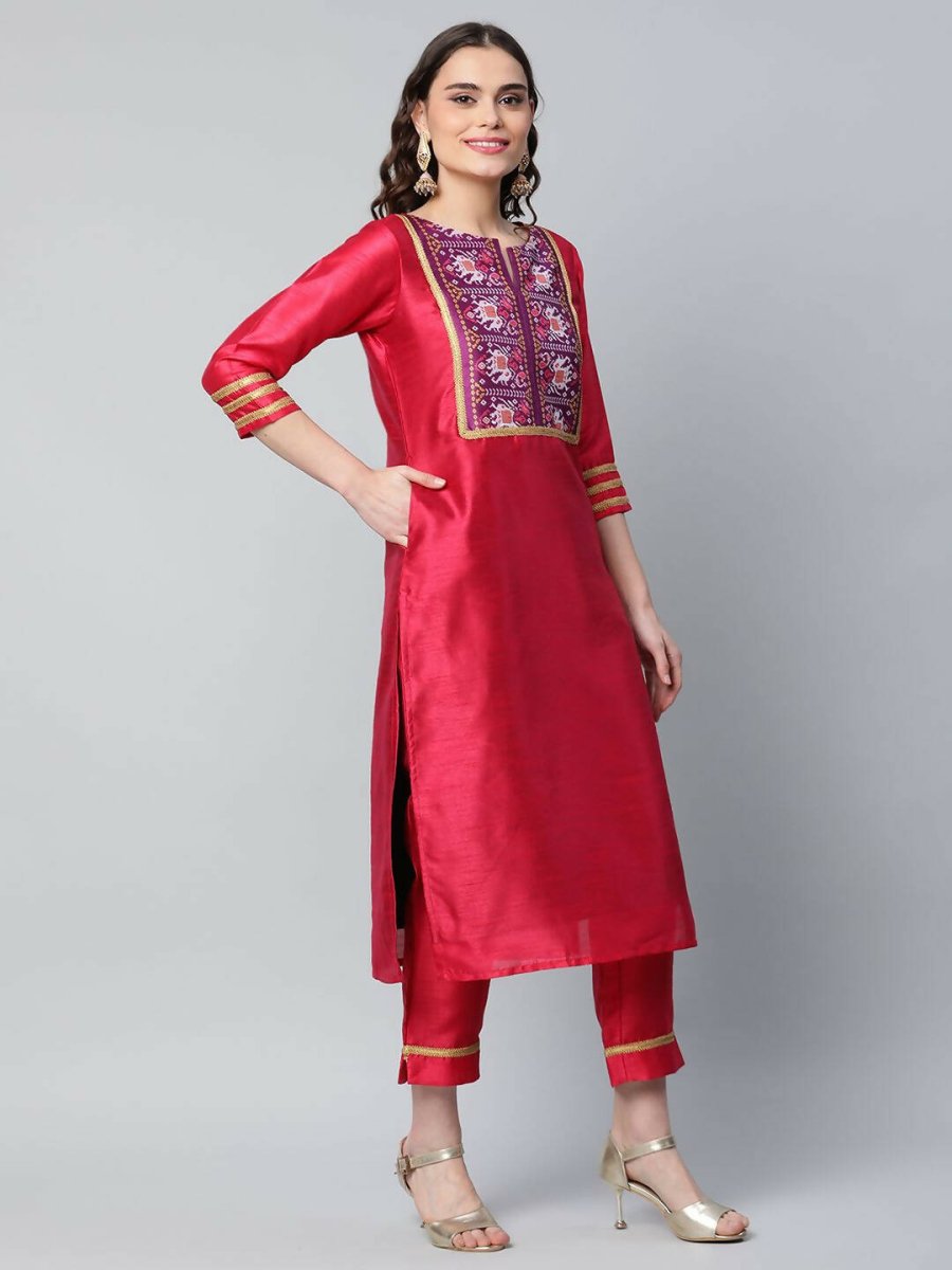 Ahalyaa Womens Red Art Silk Printed Kurta Pant Set | Grocsy