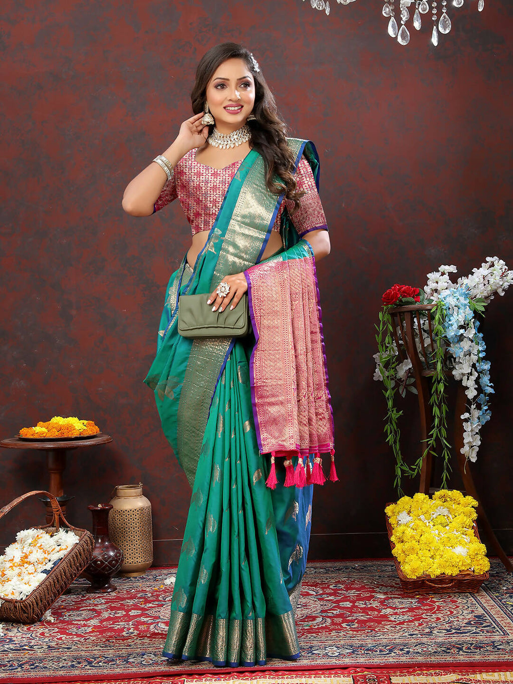 Lorenvalley Fashion Teal Soft Silk Woven Design Zari Weaving Saree | Grocsy