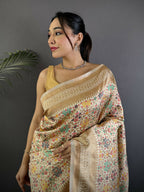 Joban Fashion Cream Intricate Floral & Woven Motifs Soft Silk Banarasi Saree | Grocsy