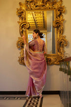 Vastranavya Baby Pink Tissue Shimmer Zari Weaving Work Saree with Unstitched Blouse | Grocsy