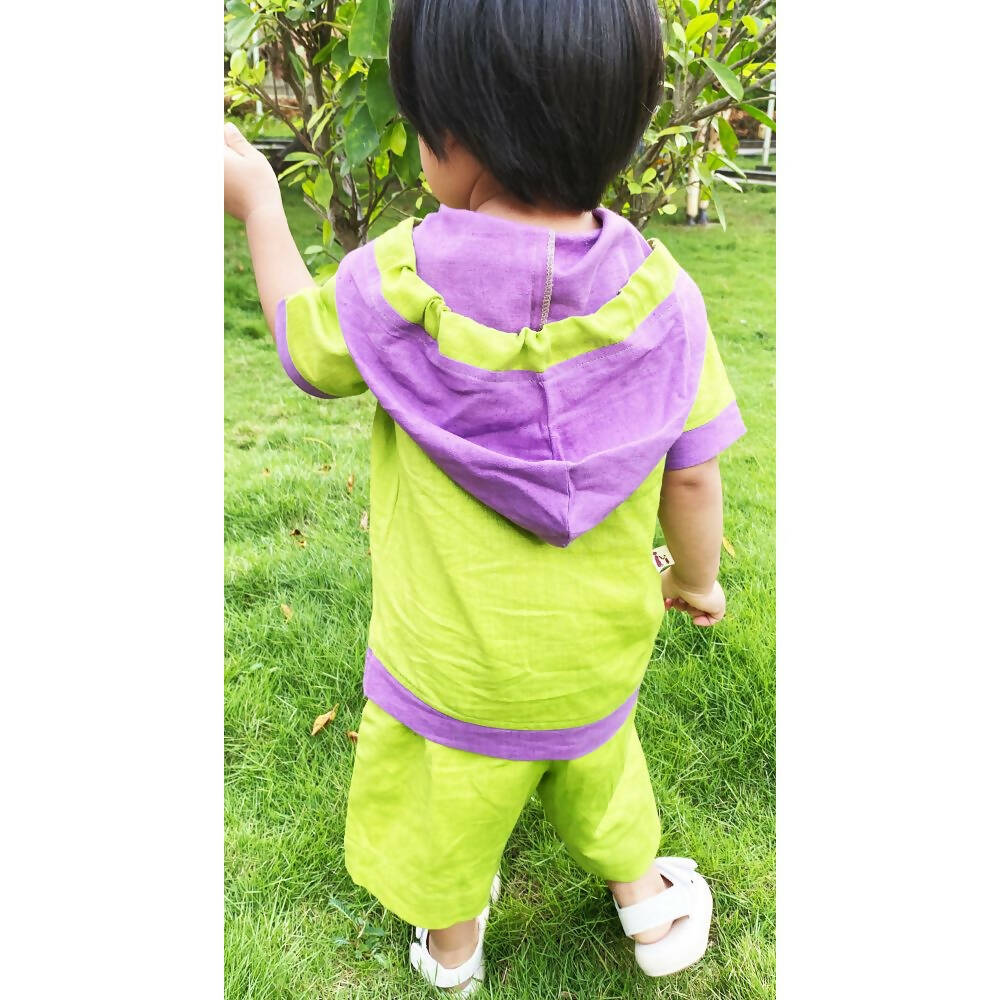 Mhyssa Croco Half sleeves Green and Purple Hoodie with Shorts Set For Kids | Grocsy