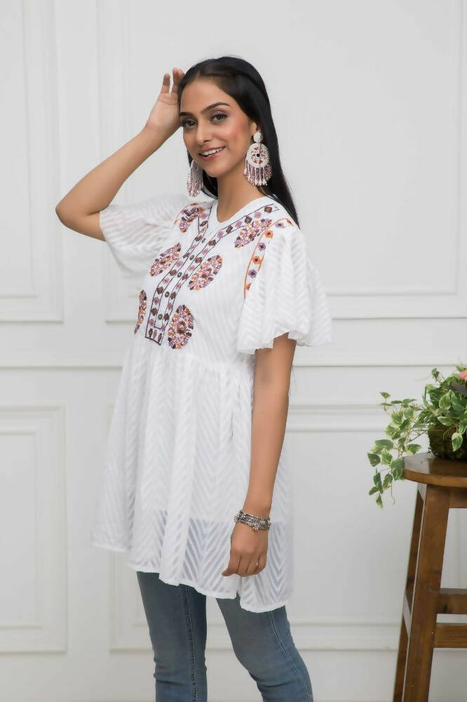 Myshka Women Solid V-Neck Flared Sleeves Synthetic Georgette White Top | Grocsy
