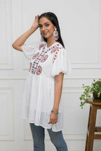 Myshka Women Solid V-Neck Flared Sleeves Synthetic Georgette White Top | Grocsy