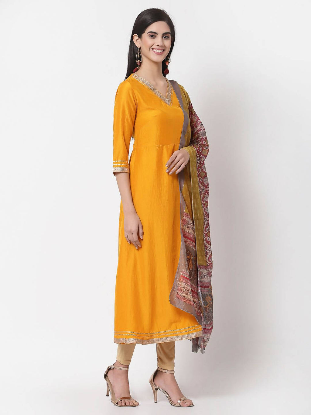 Myshka Yellow Printed Silk Blend 3/4 Sleeve V Neck Casual Kurta Dupatta Set | Grocsy