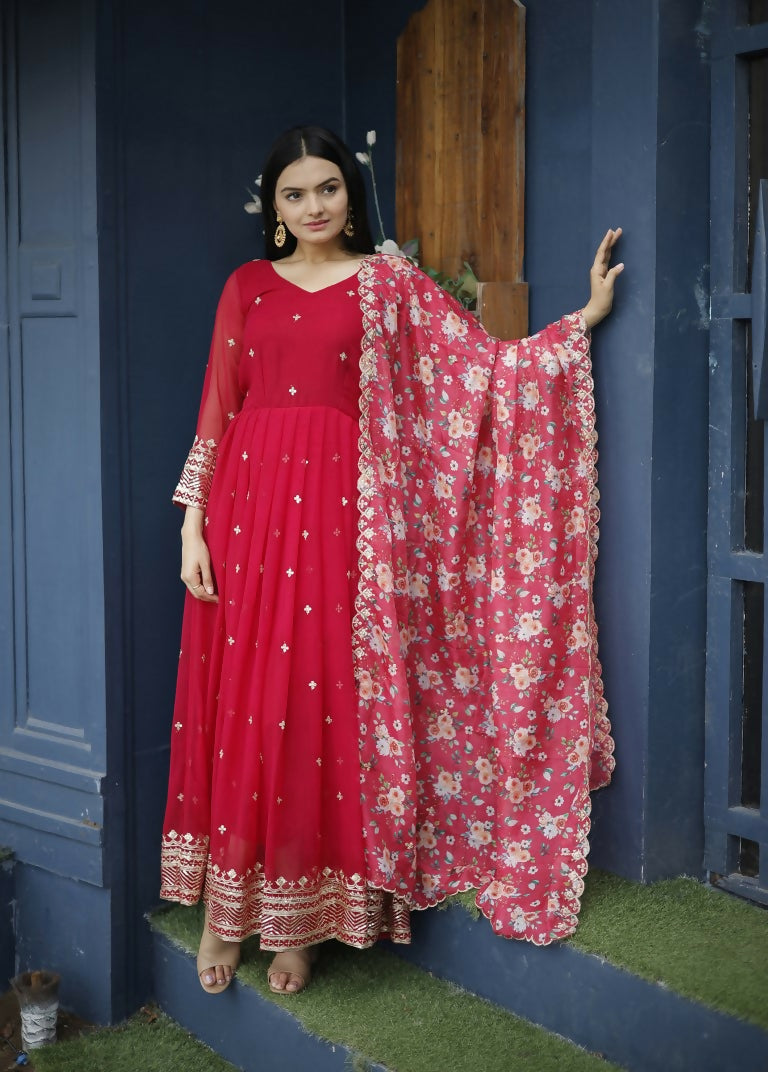 Jyoti Fashion Women's Red Faux Blooming Sequins with Zari Embroidery Anarkali Dress with Dupatta | Grocsy