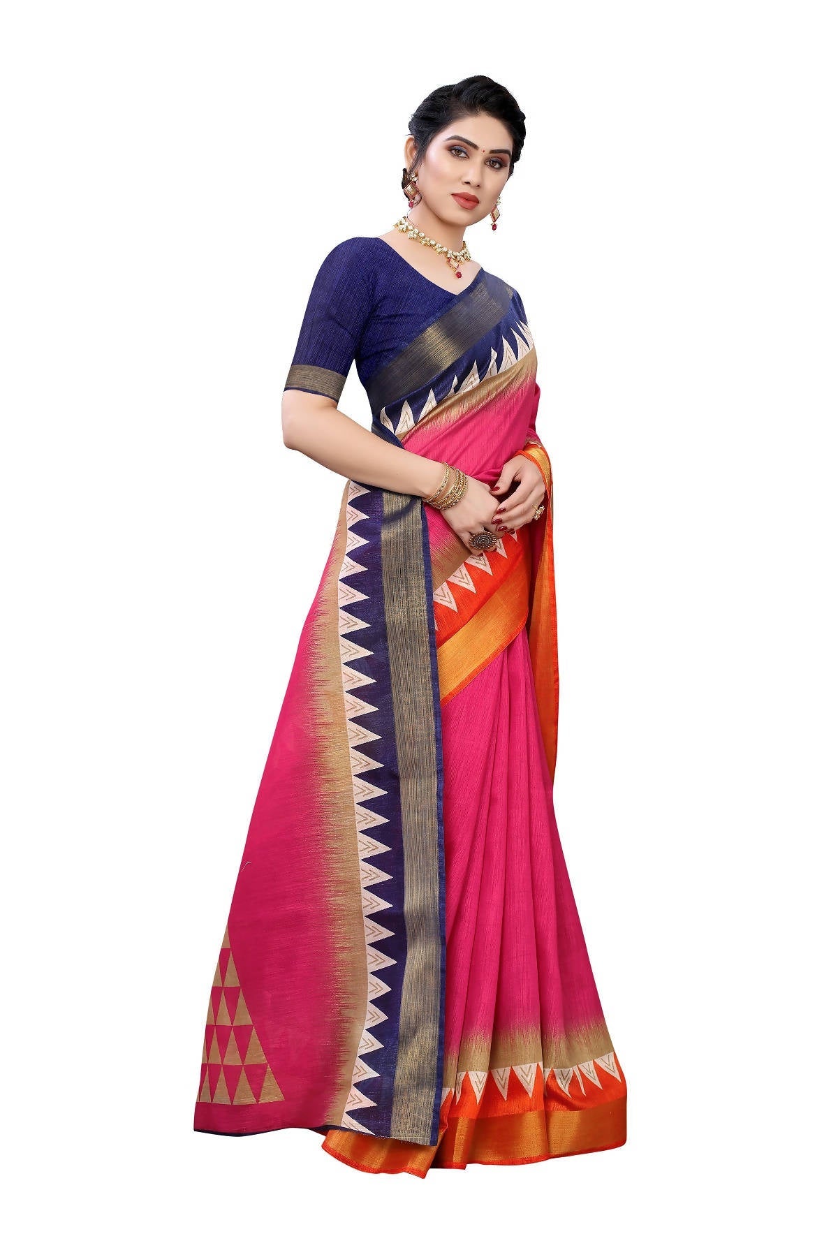 Vamika Pink & Blue Linen Jari Border Saree (GUNJAN PINK) | Grocsy
