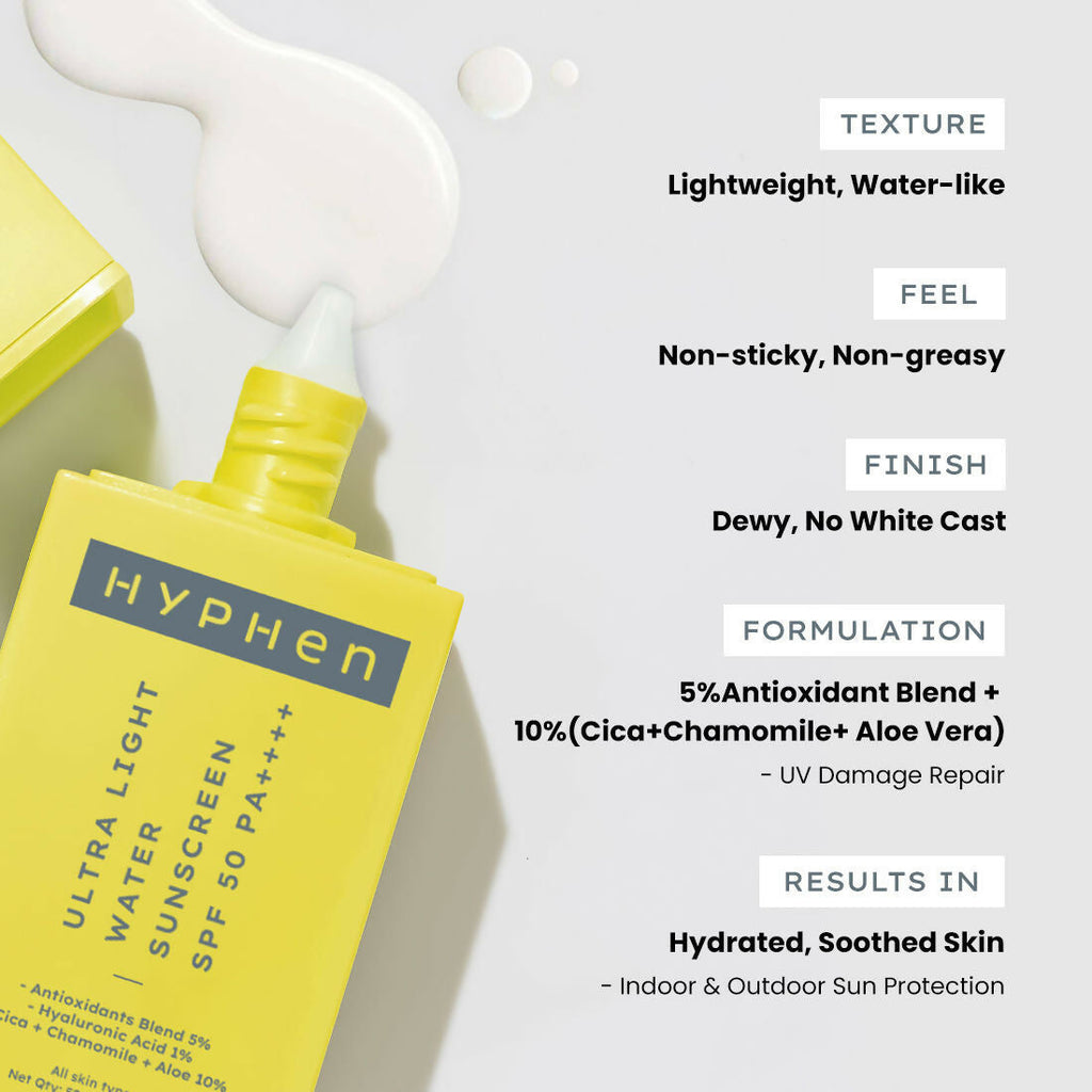 Hyphen By Kriti Sanon Ultra Light Water Sunscreen SPF 50 PA++++ UVA-UVB & Blue Light Protection, No White Cast, For Men & Women | Grocsy