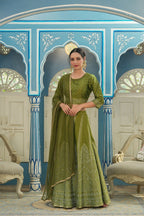 Juniper Green Bandhani Printed Shantoon Slub Lehenga Choli & Net Dupatta Set. | Grocsy