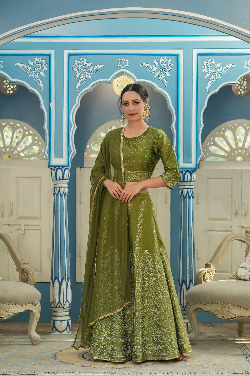 Juniper Green Bandhani Printed Shantoon Slub Lehenga Choli & Net Dupatta Set. | Grocsy