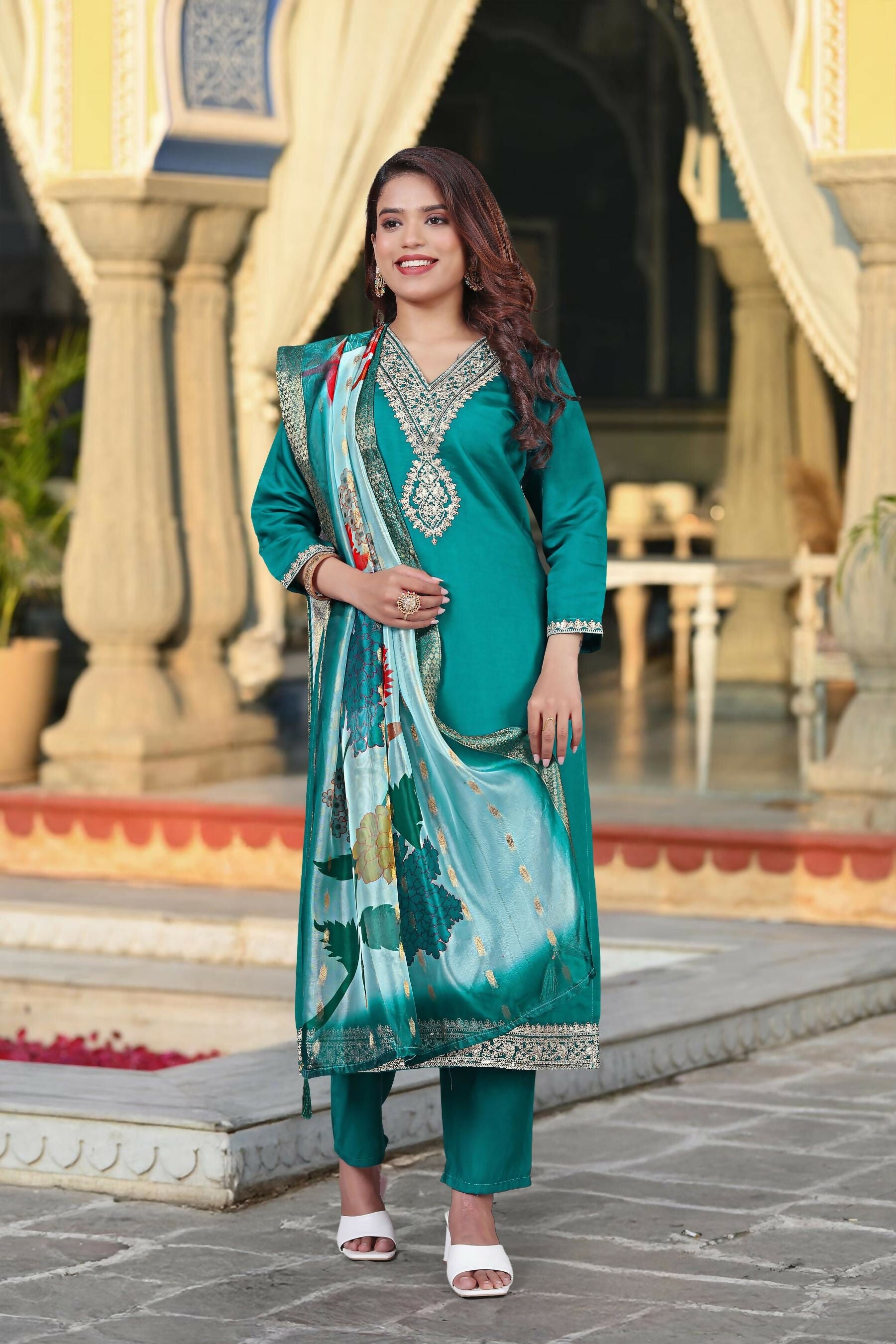The52 Women's Beautiful Viscose Chanderi Fabric Embroidery Work Straight Kurta Pant and Dupatta Set | Grocsy