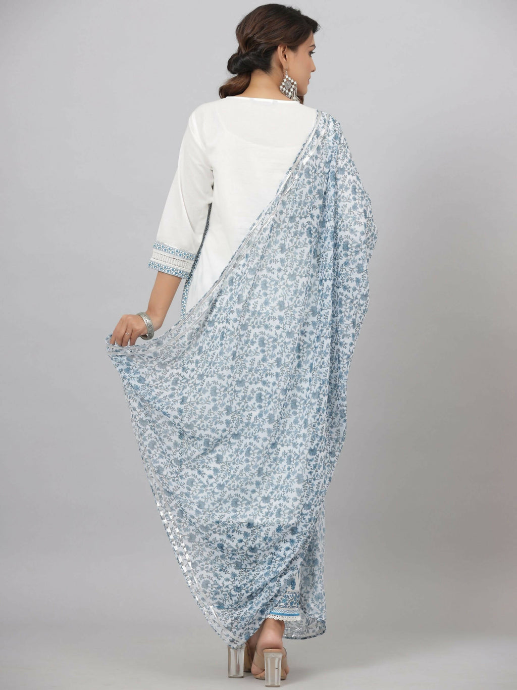Juniper Women's White Cotton Cambric Solid Kurta Floral Printed Pant & Dupatta Set | Grocsy