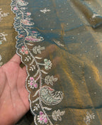 KC Heavy Embroidery Worked Two Ton Moss Silk Grey Suit For Women | Grocsy
