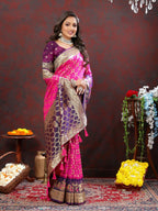 Vastranavya Pink Soft Patola Silk With Meenakari Weaving Motifs And Rich Zari Weaving Pallu Saree With Matching Blouse Fabric | Grocsy