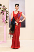 Piyari Fashion Women's Maroon Temple Border Embellished Cotton Blend Jamdani Saree | Grocsy