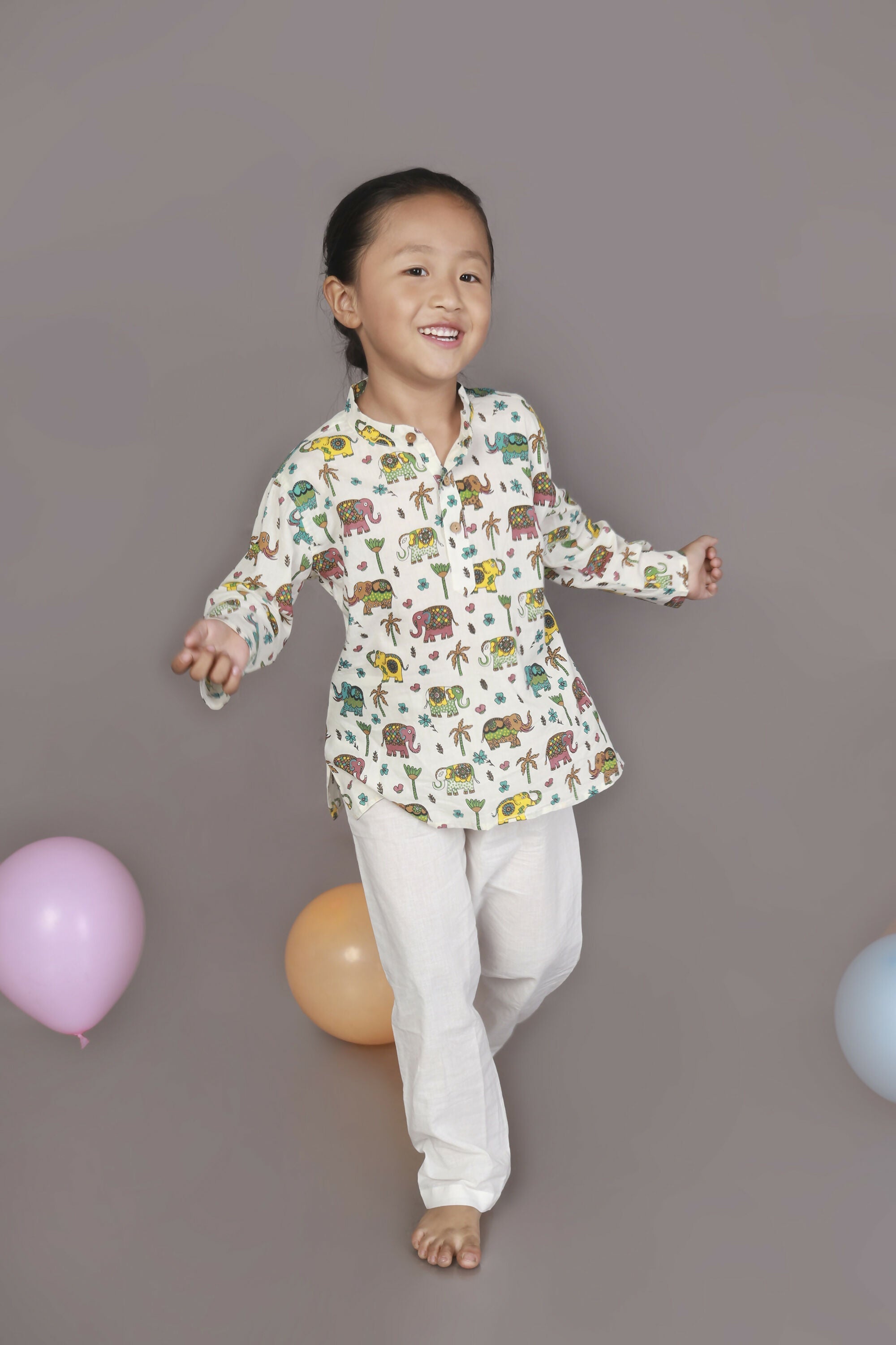 Breathables Kids Cotton Elephant Print Kurta Pyjama Night Suit - White | Grocsy