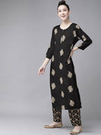 Yufta Women Black & Cream-Coloured Screen Printed Kurta with Trouser | Grocsy