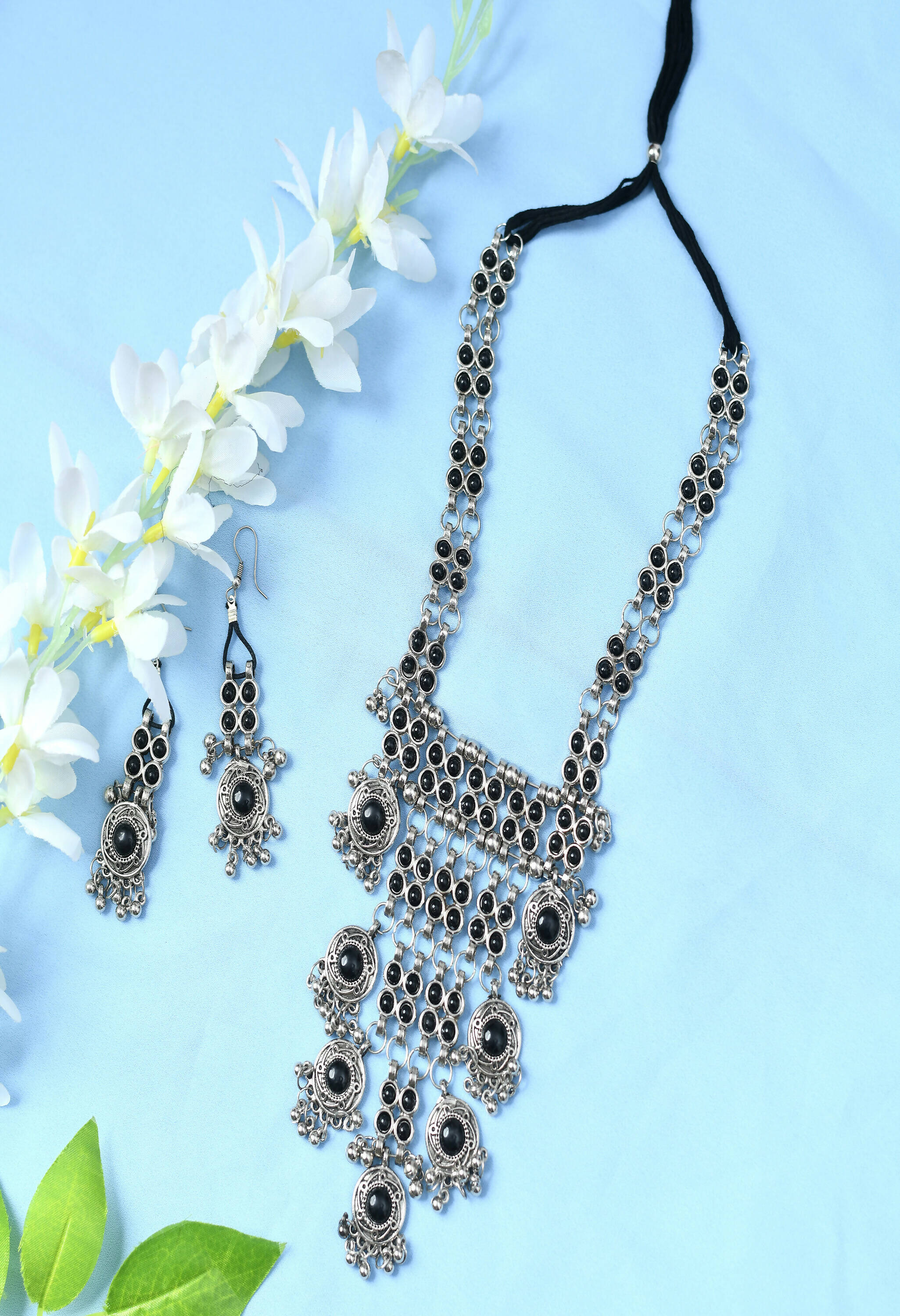 Mominos Fashion Johar Kamal Oxidised Silver-Plated Brass Finish Black Kundan Afghani Long Necklace For Women | Grocsy