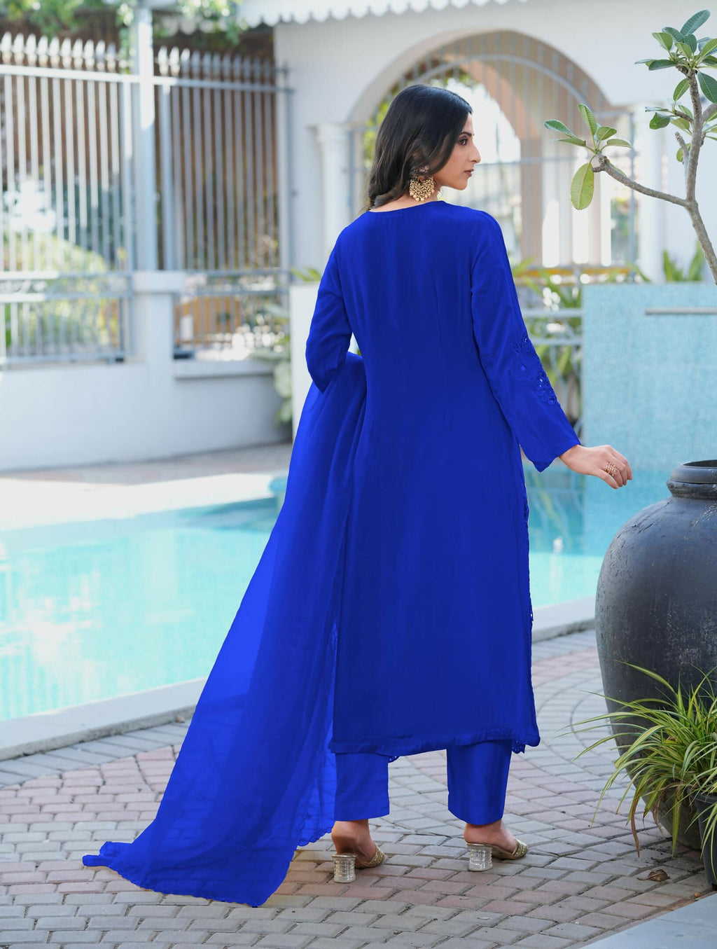 Nikhaar Royal Blue Embroidered Art Silk Stitched Straight Cut Kurta Pants Dupatta Readymade Suit | Grocsy
