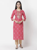 Myshka Women Red Viscose Printed 3/4 Sleeve Round Neck Kurta | Grocsy