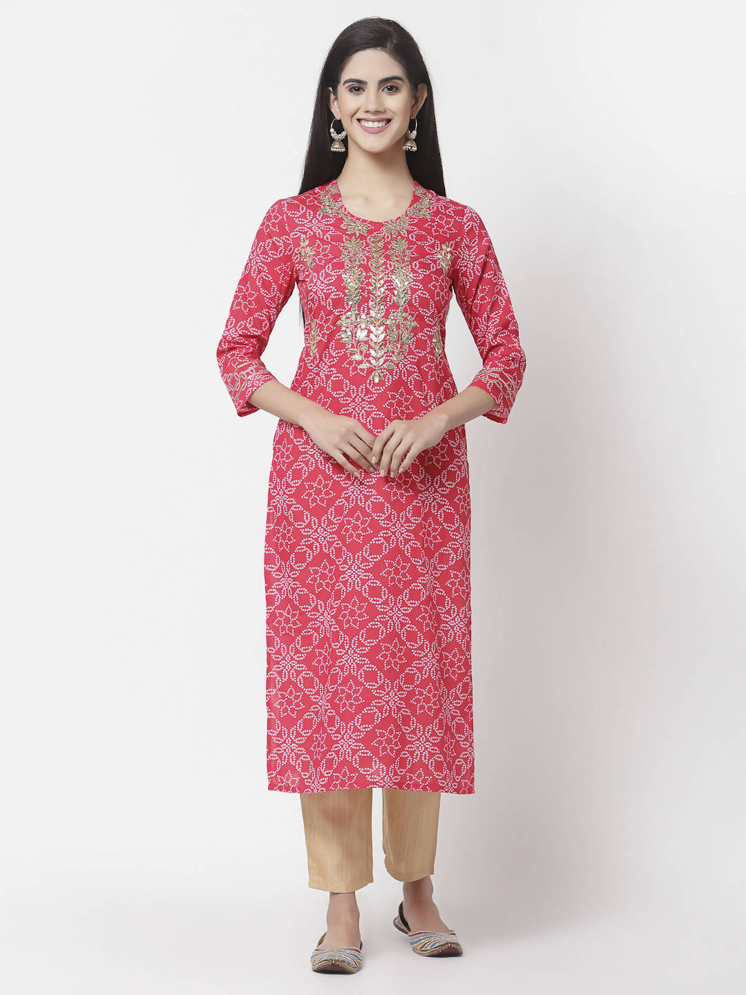 Myshka Women Red Viscose Printed 3/4 Sleeve Round Neck Kurta | Grocsy