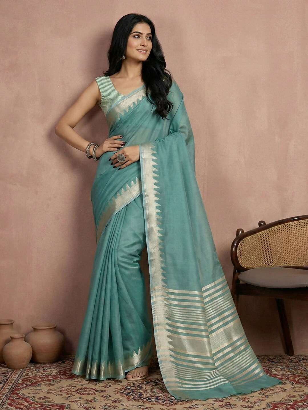 Shree Shyam Fashion Teal Cotton Saree | Grocsy