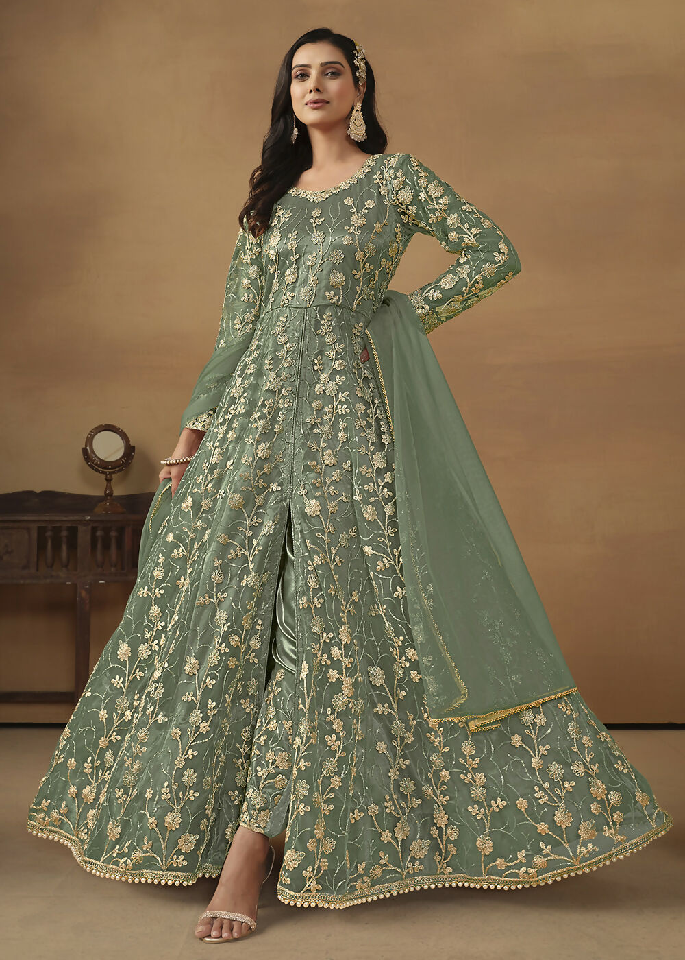 Pant Style Sage Green Embroidered Net Wedding Anarkali Suit - Emponline | Grocsy