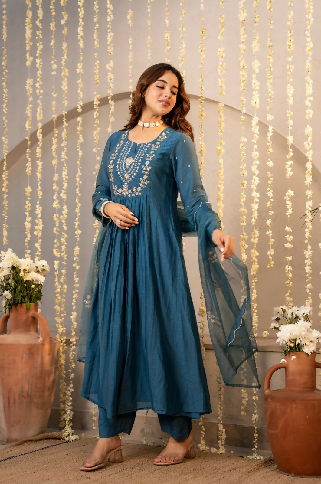 The52 Women's Beautiful Embroidery Work Chanderi Silk Fabric Flared Kurta Pant and Dupatta Set | Grocsy