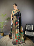 Joban Fashion Black Zari Woven Floral Motifs Soft Silk Paithani Silk Saree | Grocsy