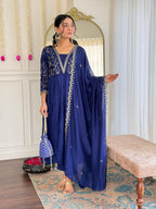 The52 Blue Women's Beautiful Embroidered Vichitra Silk Fabric with Flared Kurta, Pant and Dupatta Set | Grocsy