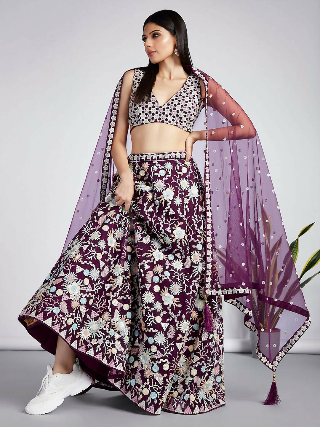 House of Panchhi Burgundy Net heavy Sequinse embroidery Semi-Stitched Lehenga choli & Dupatta | Grocsy
